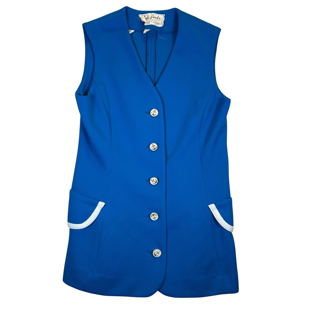Vintage Paula Brooks Original Blue Nautical Vest Anchor Buttons 70s Mod Longline - Picture 1 of 9